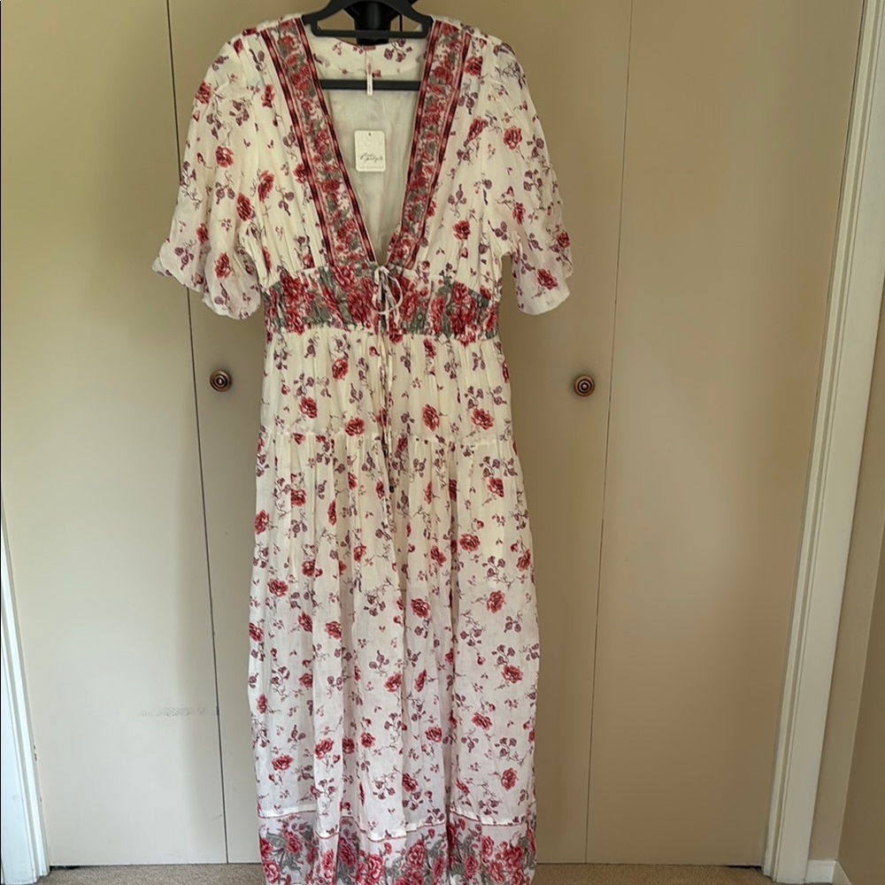 Free People White and Pink Flutter Sleeve Maxi Dress